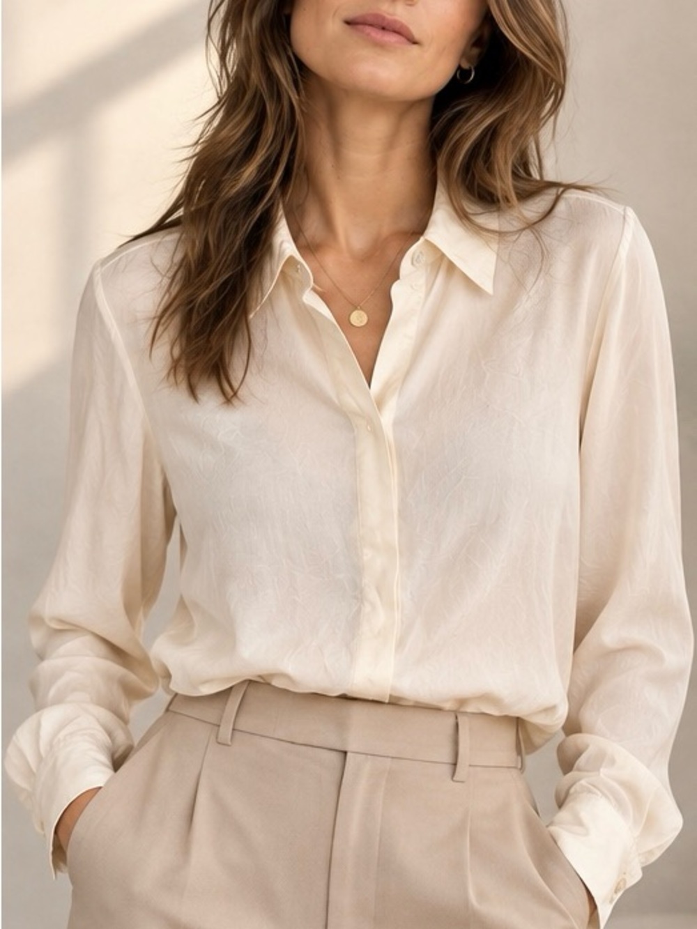 Silk Essentials Ivory 100% Silk Button-Up Blouse L